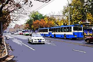 illust, materiell, befreit, Landschaft, Bild, Gemlde, Farbbleistift, Wachsmalstift, Zeichnung,,Peking's Main Street, Motorcoach, Streckenbus, Nicht-Stabszug, Verkehr