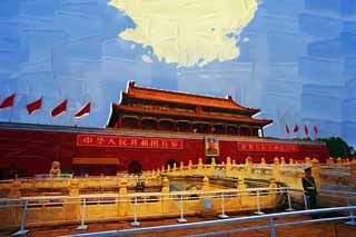 illustration,material,free,landscape,picture,painting,color pencil,crayon,drawing,Tiananmen, Mao Zedong, Founding declaration, National emblem, Yongle Emperor