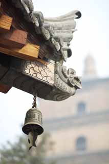 Foto, materiell, befreit, Landschaft, Bild, hat Foto auf Lager,Dach Ornament im Tempel der Groen Barmherzigkeit und Gte, Buddhismus, Ziegel, Glocke, Reise zum Westen