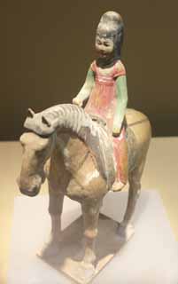 fotografia, material, livra, ajardine, imagine, proveja fotografia,Forse Rider feminino pintado com apontou Hat, Cermica, China antiga, Estatueta, Ornamento