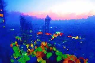 illustration,material,free,landscape,picture,painting,color pencil,crayon,drawing,Shinjuku at night, High-rise, Subcenter, Tokyo Metropolitan Government, Building