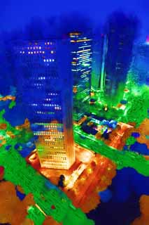 illustration,material,free,landscape,picture,painting,color pencil,crayon,drawing,Shinjuku at night, High-rise, Subcenter, Tokyo Metropolitan Government, Building