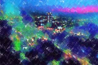 illust, matire, libre, paysage, image, le tableau, crayon de la couleur, colorie, en tirant,Shinjuku de nuit, Tour, Subcenter, Tokyo gouvernement mtropolitain, Construire