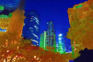 illustration,material,free,landscape,picture,painting,color pencil,crayon,drawing,Shinjuku at night, High-rise, Subcenter, Tokyo Metropolitan Government, Building