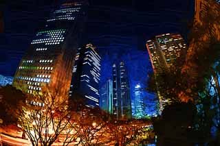 illustration,material,free,landscape,picture,painting,color pencil,crayon,drawing,Shinjuku at night, High-rise, Subcenter, Tokyo Metropolitan Government, Building