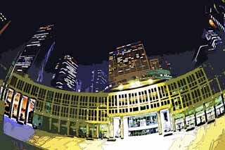 illustration,material,free,landscape,picture,painting,color pencil,crayon,drawing,Shinjuku at night, High-rise, Subcenter, Tokyo Metropolitan Government, Building