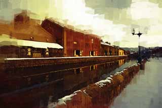 illust, materiell, befreit, Landschaft, Bild, Gemlde, Farbbleistift, Wachsmalstift, Zeichnung,,Otaru Canal, Kanal, Lagerhaus, Straenlampe, Schneedecke