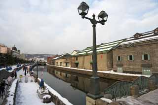 Foto, materiell, befreit, Landschaft, Bild, hat Foto auf Lager,Otaru Canal, Kanal, Lagerhaus, Straenlampe, Schneedecke