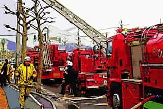 illust, materiell, befreit, Landschaft, Bild, Gemlde, Farbbleistift, Wachsmalstift, Zeichnung,,Emergency Mobilisation, Feuer, Feuerlastwagen, Retten Sie Bedienungen, FEUER, DAS KMPFT