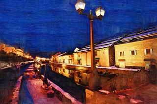 illustration,material,free,landscape,picture,painting,color pencil,crayon,drawing,Otaru canal, Canal, Warehouse, Street lamp, Snow cover