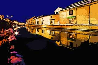 illust, matire, libre, paysage, image, le tableau, crayon de la couleur, colorie, en tirant,Otaru Canal, Canal, Entrept, Lampe de rue, Abri de la neige