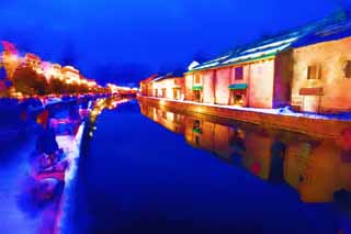 illust, materiell, befreit, Landschaft, Bild, Gemlde, Farbbleistift, Wachsmalstift, Zeichnung,,Otaru Canal, Kanal, Lagerhaus, Straenlampe, Schneedecke