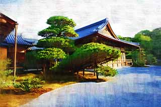 Illust, materieel, vrij, landschap, schilderstuk, schilderstuk, kleuren potlood, crayon, werkje,Pine land boot, Wereld Heritage, Gouden Paviljoen, Ashikaga Yoshimitsu, Kyoto