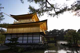 Foto, materieel, vrij, landschap, schilderstuk, bevoorraden foto,Gouden Paviljoen Tempel reliekschrijn Hall, Wereld Heritage, Gouden Paviljoen, Ashikaga Yoshimitsu, Kyoto
