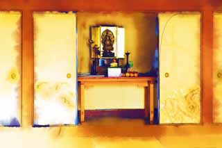 illust, materiale, libero panorama, ritratto dipinto, matita di colore disegna a pastello, disegnando,Statue di Buddha nel tempio di pacifica Dragon, Eredit di Mondo, Buddismo, Tempio Zen, Muromachi Shogunate