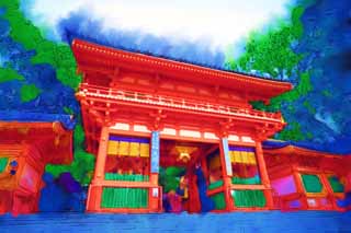 illustration,material,free,landscape,picture,painting,color pencil,crayon,drawing,Yasaka Shrine two-story gate, Shrine, Zhu coating, Gion, SUSANOWONOMIKOTO
