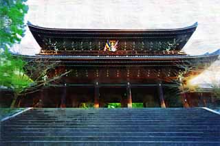 Illust, materieel, vrij, landschap, schilderstuk, schilderstuk, kleuren potlood, crayon, werkje,Chionin Main Gate, Boeddhisme, , Drie Daimon van japan, Zen tempel