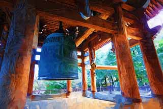 illustration,material,free,landscape,picture,painting,color pencil,crayon,drawing,Chionin Institute large bell tower, Buddhism, HOUNEN, Hanging bell, Zen temple