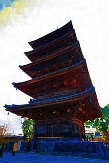 Illust, materieel, vrij, landschap, schilderstuk, schilderstuk, kleuren potlood, crayon, werkje,To-ji tempel van vijf verhaal pagode, Boeddhisme, Toren, Wereld Heritage, Quintuple rijzen