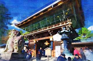 illust, materiell, befreit, Landschaft, Bild, Gemlde, Farbbleistift, Wachsmalstift, Zeichnung,,Kitano Tenman-gu Schrein zwei Stockwerke Tor, Torii, Mr. TENJIN, Kitano, Pflaumen