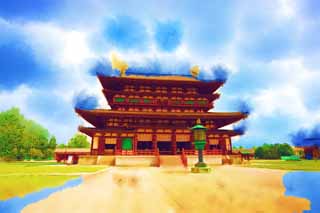 illust, materiell, befreit, Landschaft, Bild, Gemlde, Farbbleistift, Wachsmalstift, Zeichnung,,Yakushi-ji Temple innerer Tempel, Ich werde in roten gemalt, Der Buddha vom Verheilen, Buddhistisches Mnchskloster, Chaitya