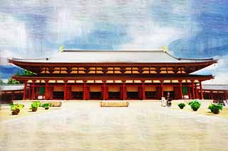 illust, materiell, befreit, Landschaft, Bild, Gemlde, Farbbleistift, Wachsmalstift, Zeichnung,,Yakushi-ji Temple groartige Halle, Ich werde in roten gemalt, Der Buddha vom Verheilen, Buddhistisches Mnchskloster, Chaitya