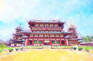 illust, materiell, befreit, Landschaft, Bild, Gemlde, Farbbleistift, Wachsmalstift, Zeichnung,,Yakushi-ji-Tempel, Ich werde in roten gemalt, Der Buddha vom Verheilen, Buddhistisches Mnchskloster, Chaitya