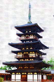 illust, materiell, befreit, Landschaft, Bild, Gemlde, Farbbleistift, Wachsmalstift, Zeichnung,,Yakushi-ji Temple Ostturm, Ich werde in roten gemalt, Der Buddha vom Verheilen, Buddhistisches Mnchskloster, Chaitya