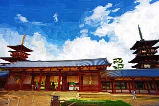 illustration,material,free,landscape,picture,painting,color pencil,crayon,drawing,Yakushi-ji Temple gate built between the main gate and the main house of the palace-styled architecture in the Fujiwara period, I am painted in red, The Buddha of Healing, Buddhist monastery, Chaitya