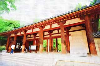 illust, materiell, befreit, Landschaft, Bild, Gemlde, Farbbleistift, Wachsmalstift, Zeichnung,,Das Toshodai-ji Temple Sdtor, Ich werde in roten gemalt, hlzernes Gebude, Buddhistisches Mnchskloster, Chaitya