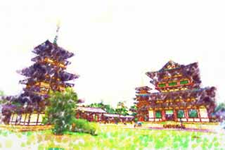 illustration,material,free,landscape,picture,painting,color pencil,crayon,drawing,Yakushi-ji Temple, I am painted in red, The Buddha of Healing, Buddhist monastery, Chaitya