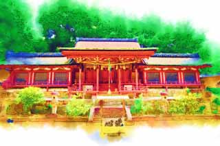 illust, materiell, befreit, Landschaft, Bild, Gemlde, Farbbleistift, Wachsmalstift, Zeichnung,,Yakushi-ji-Tempel, Ich werde in roten gemalt, rtliche Gottheitsfirma, Hideyori Toyotomi, Schintoistischer Schrein