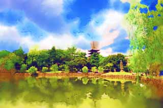 illustration,material,free,landscape,picture,painting,color pencil,crayon,drawing,A pond of Sarusawa, willow, pond, Nara-koen Park, tourist attraction