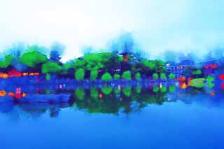 illustration,material,free,landscape,picture,painting,color pencil,crayon,drawing,A pond of Sarusawa, willow, pond, Nara-koen Park, tourist attraction