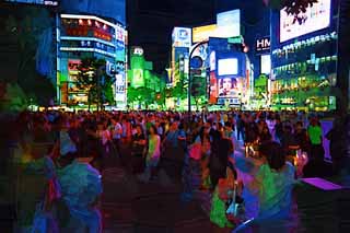 illustration,material,free,landscape,picture,painting,color pencil,crayon,drawing,The night of Shibuya Station, Downtown, walker, Illumination, crowd