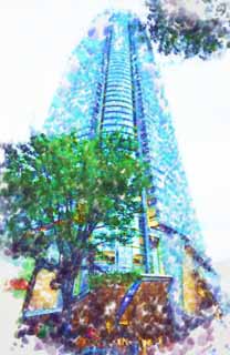 illustration,material,free,landscape,picture,painting,color pencil,crayon,drawing,Roppongi Hills, Downtown, high-rise building, Hills group, Glass