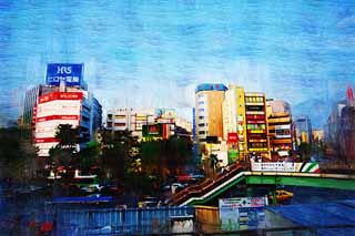 illustration,material,free,landscape,picture,painting,color pencil,crayon,drawing,Gotanda of the dusk, Downtown, karaoke, restaurant, An entertainment district