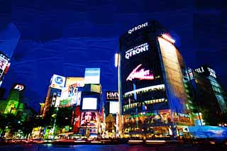 illustration,material,free,landscape,picture,painting,color pencil,crayon,drawing,Night of Shibuya, Downtown, QFRONT, Shibuya 109, Neon