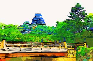 illustration,material,free,landscape,picture,painting,color pencil,crayon,drawing,Himeji-jo Castle, Four national treasures Castle, The cherry tree gate bridge, Shigetaka Kuroda, Hideyoshi Hashiba