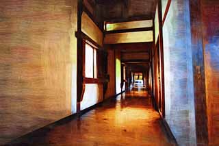 illustration,material,free,landscape,picture,painting,color pencil,crayon,drawing,The corridor of the Himeji-jo Castle western citadel of the castle, Four national treasures Castle, Sadanori Akamatsu, Shigetaka Kuroda, Hideyoshi Hashiba