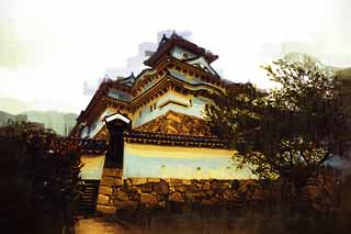 illustration,material,free,landscape,picture,painting,color pencil,crayon,drawing,Himeji-jo Castle Inui small castle tower, Four national treasures Castle, Sadanori Akamatsu, Shigetaka Kuroda, Hideyoshi Hashiba