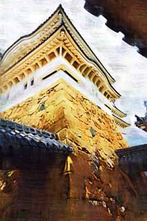 illustration,material,free,landscape,picture,painting,color pencil,crayon,drawing,Himeji-jo Castle Inui small castle tower, Four national treasures Castle, Sadanori Akamatsu, Shigetaka Kuroda, Hideyoshi Hashiba