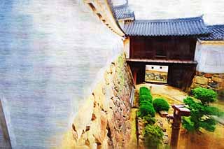 illust, material, livram, paisagem, quadro, pintura, lpis de cor, creiom, puxando,Himeji-jo Castelo, Quatro Castelo de tesouros nacional, Sadanori Akamatsu, Shigetaka Kuroda, Hideyoshi Hashiba