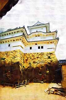 illustration,material,free,landscape,picture,painting,color pencil,crayon,drawing,Himeji-jo Castle Inui small castle tower, Four national treasures Castle, Sadanori Akamatsu, Shigetaka Kuroda, Hideyoshi Hashiba