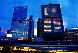 illust,tela,gratis,paisaje,fotografa,idea,pintura,Lpiz de color,dibujo,El anochecer de estacin de Shinjuku, Ferrocarril, Shinjuku, Edificio alto, Ciudad