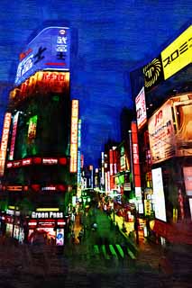 illustration,material,free,landscape,picture,painting,color pencil,crayon,drawing,The dusk of Shinjuku Station, Downtown, Shinjuku, Commercial areas, city