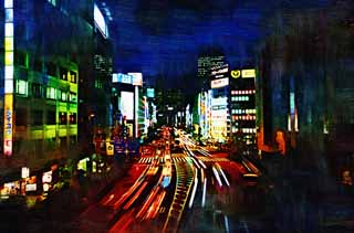 illust, materiell, befreit, Landschaft, Bild, Gemlde, Farbbleistift, Wachsmalstift, Zeichnung,,Die Dmmerung von Shinjuku stationiert, Im Stadtzentrum, Shinjuku, Kommerzielle Gebiete, die Stadt