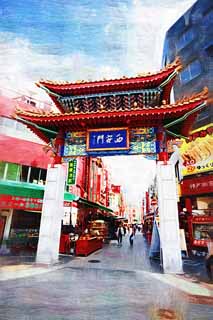 illust, materiell, befreit, Landschaft, Bild, Gemlde, Farbbleistift, Wachsmalstift, Zeichnung,,Kobe Nankinmachi, Chinatown, Eine Arkade, Im Stadtzentrum, China