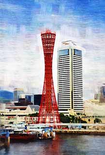 illustration,material,free,landscape,picture,painting,color pencil,crayon,drawing,Kobe port sweep of the eye, port, pleasure boat, Trade, tourist attraction