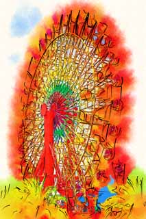 illustration,material,free,landscape,picture,painting,color pencil,crayon,drawing,A Ferris wheel, port, An amusement park, playground equipment, tourist attraction